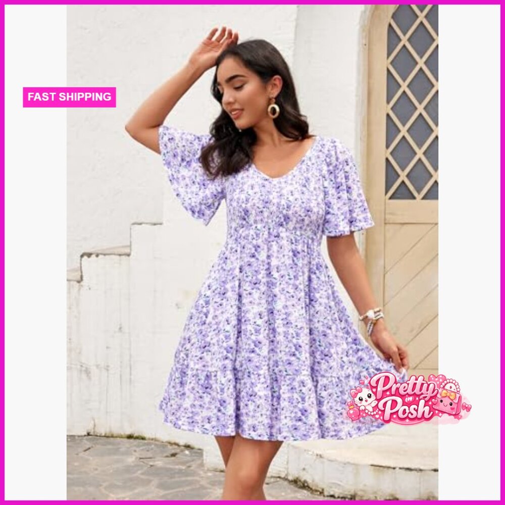 Polyester Blend Smocked V-Neck Flutter Sleeve Sun… - image 4